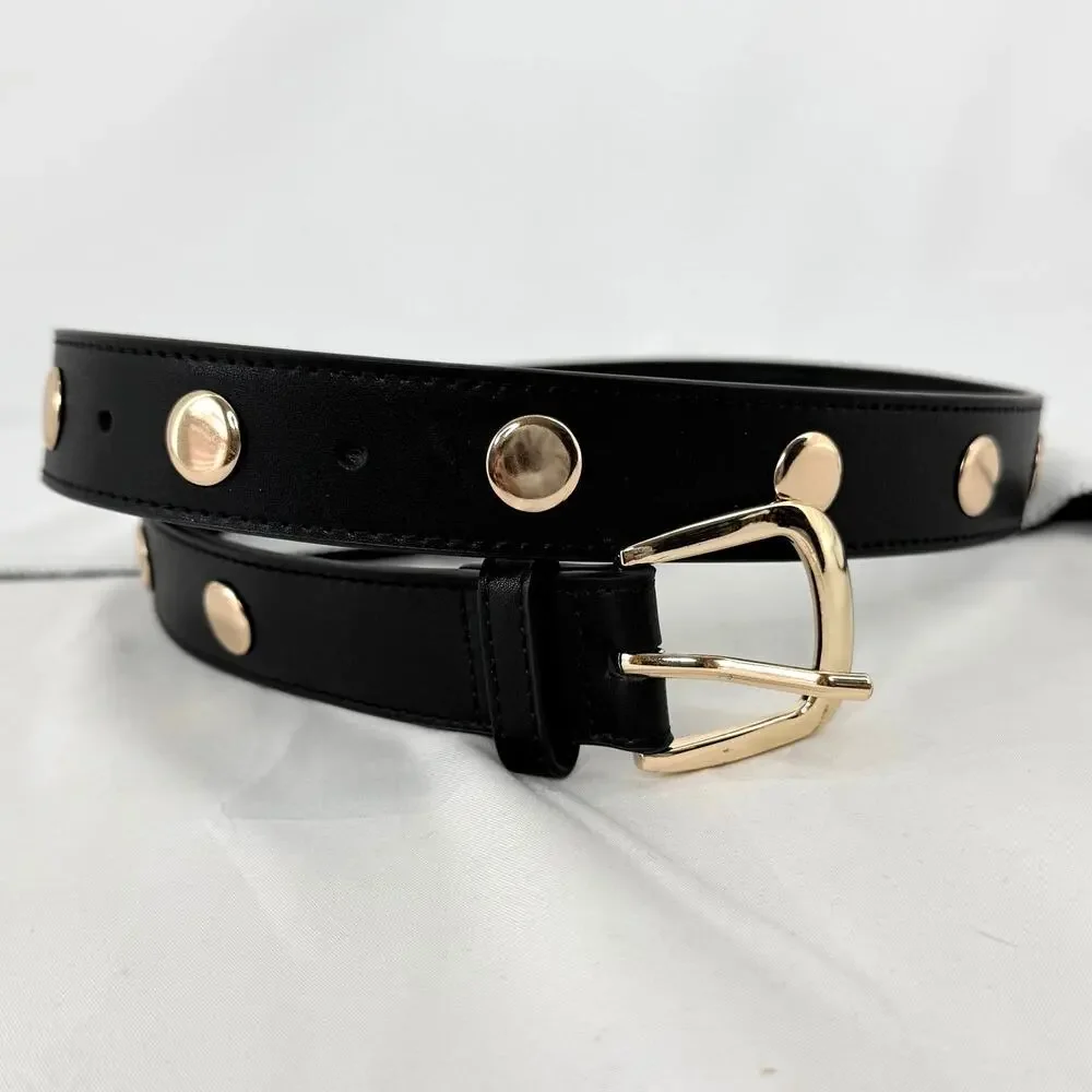 Black Studded Leather Belt with Gold Buckle